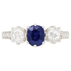 Art Deco Diamonds and Sapphire Three Stone Ring, c.1920s