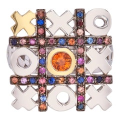 Bague Tic-tac-toe en argent sterling et or 18 carats avec saphirs multicolores