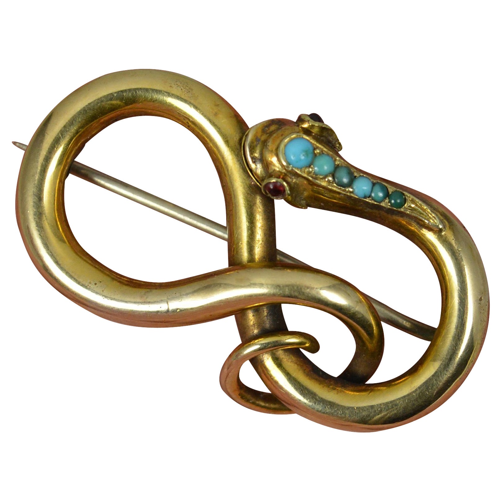 Mid Victorian 15 Carat Yellow Gold Turquoise and Garnet Snake Brooch