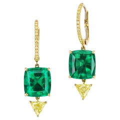 4 Carat Each Colombian Emerald and Yellow Diamond 18K Gold Earrings