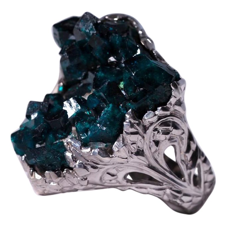 Dioptase Silver Ring Natural Crystals Dark Bluish Green Uncut Forest Witch Style For Sale