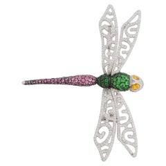 Estate Diamond and Gemstone Dragonfly Brooch in 18k White Gold