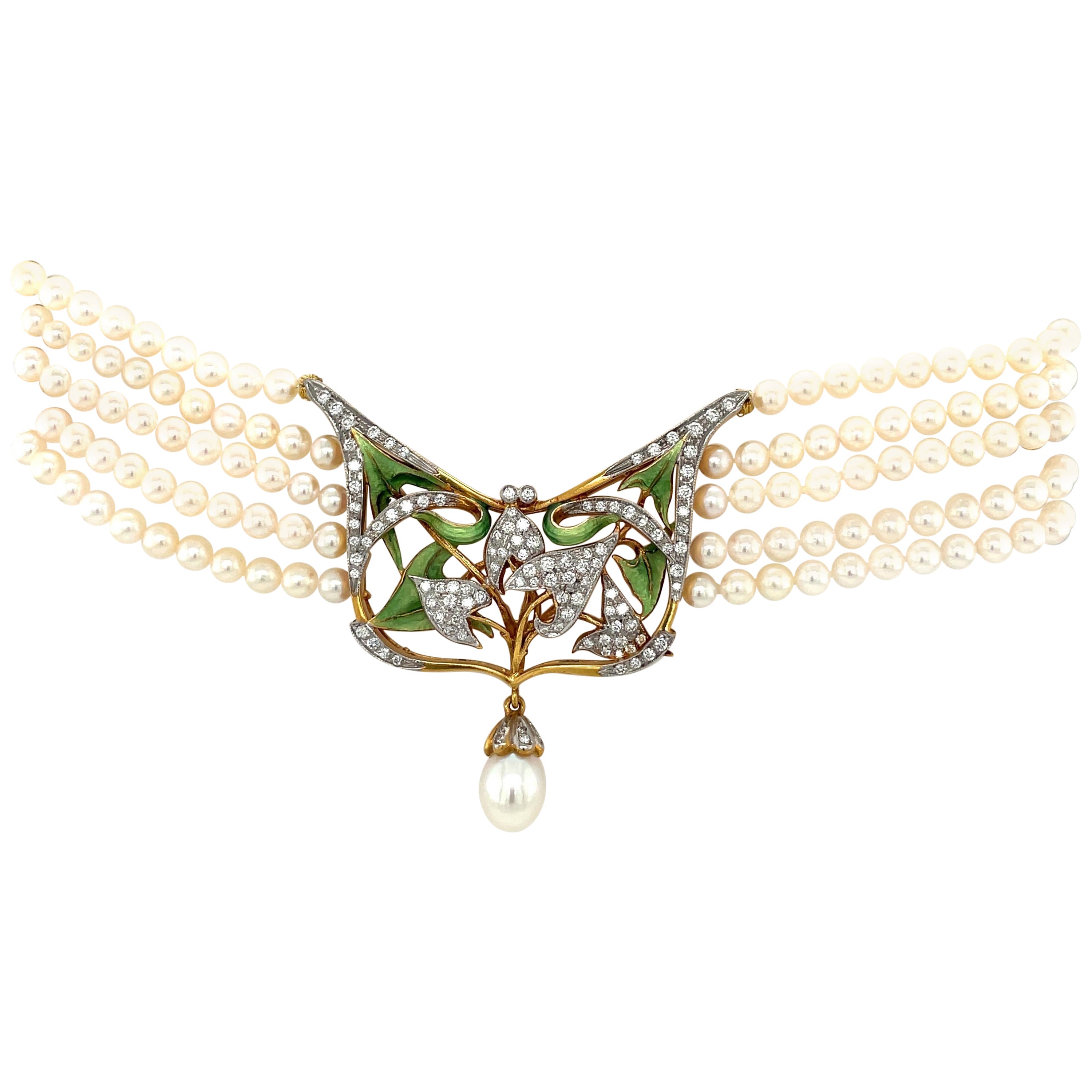 Masriera 5strang Perlenhalsband Chocker mit durchbrochener Emaille- und Diamantplakette aus Emaille im Angebot