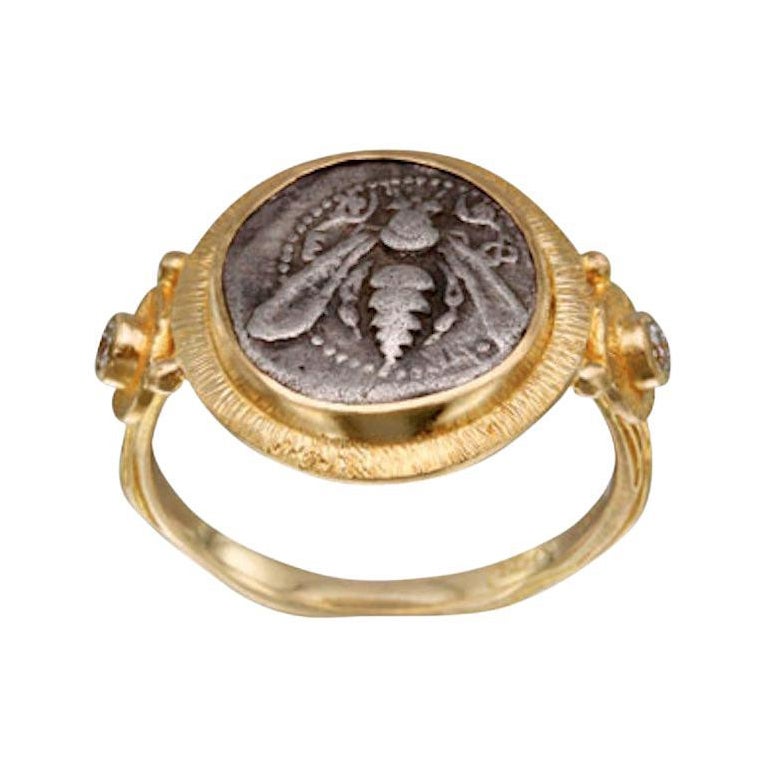 Ancient Greek 5th Century BC Bee Coin Diamonds 18K Gold Ring