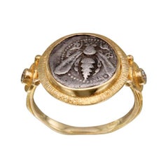 Ancient Greek 5th Century BC Bee Coin Diamonds 18K Gold Ring