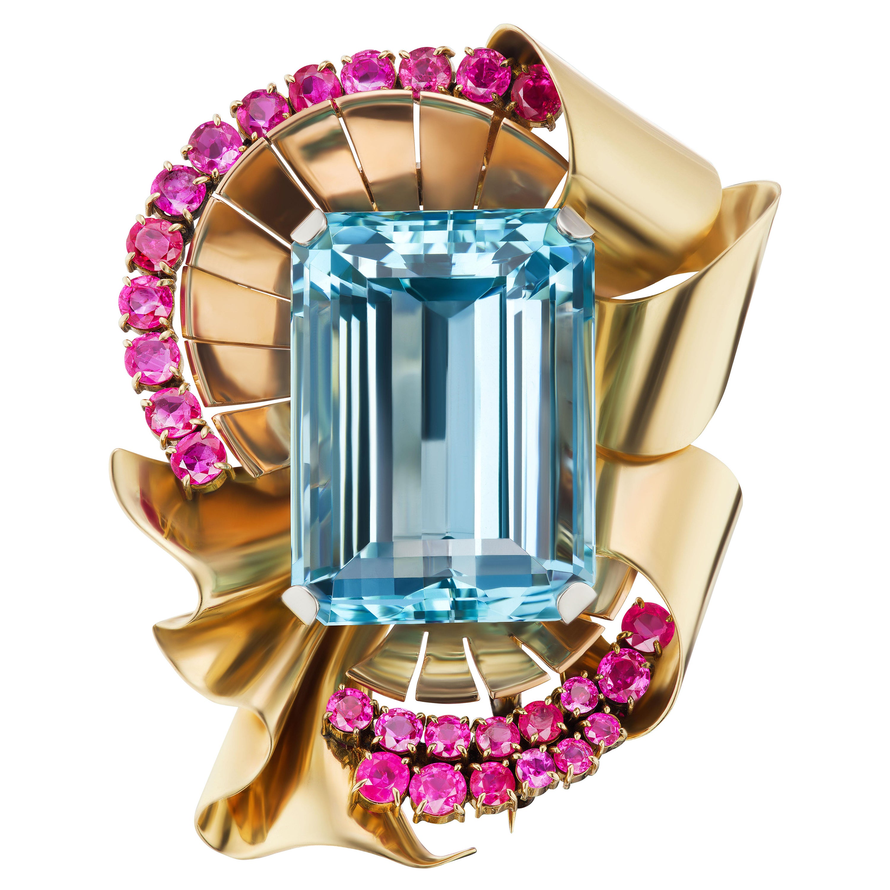 110 Carat Aquamarine and Ruby Retro Brooch