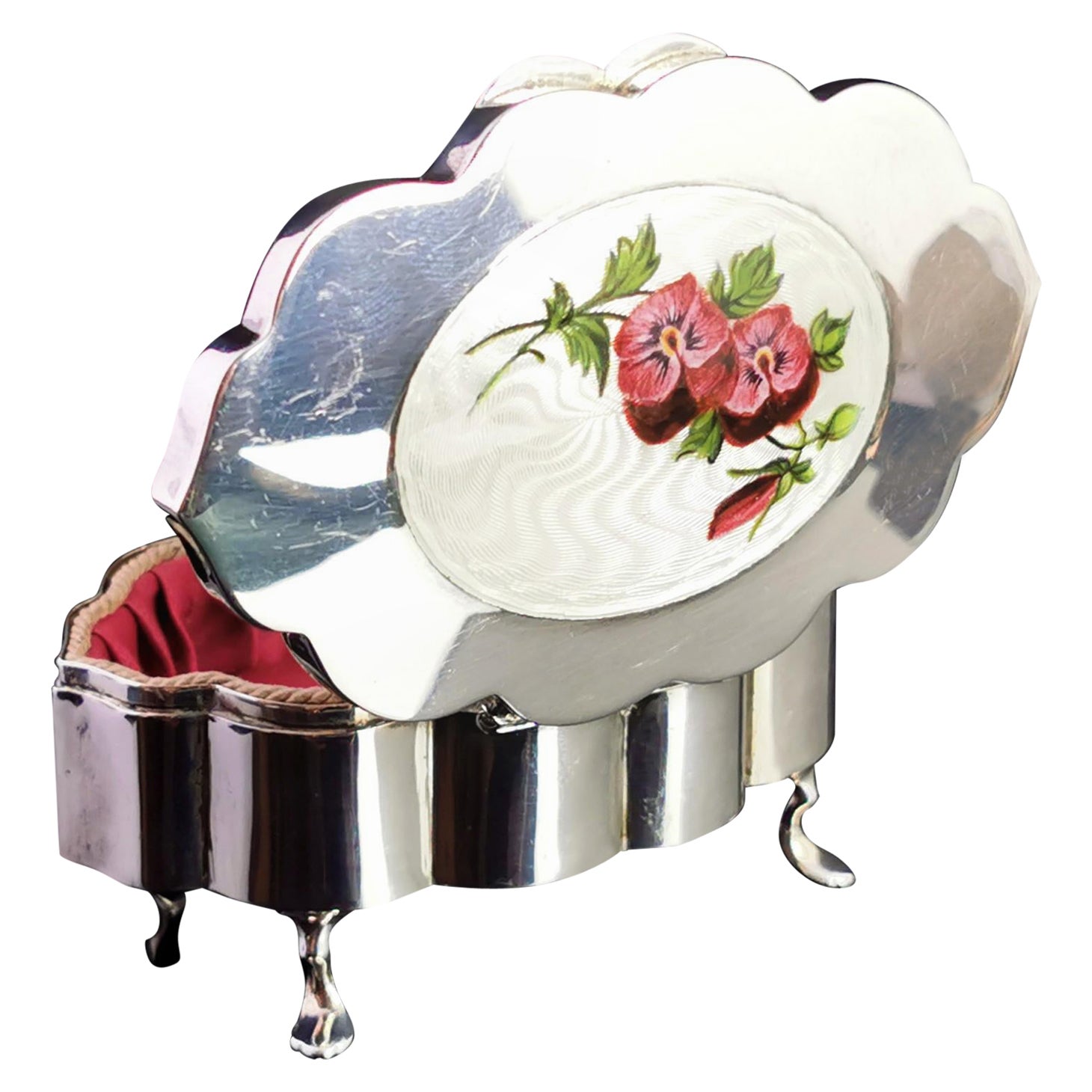 Antique Sterling Silver and Enamel Jewellery Casket, Floral For Sale