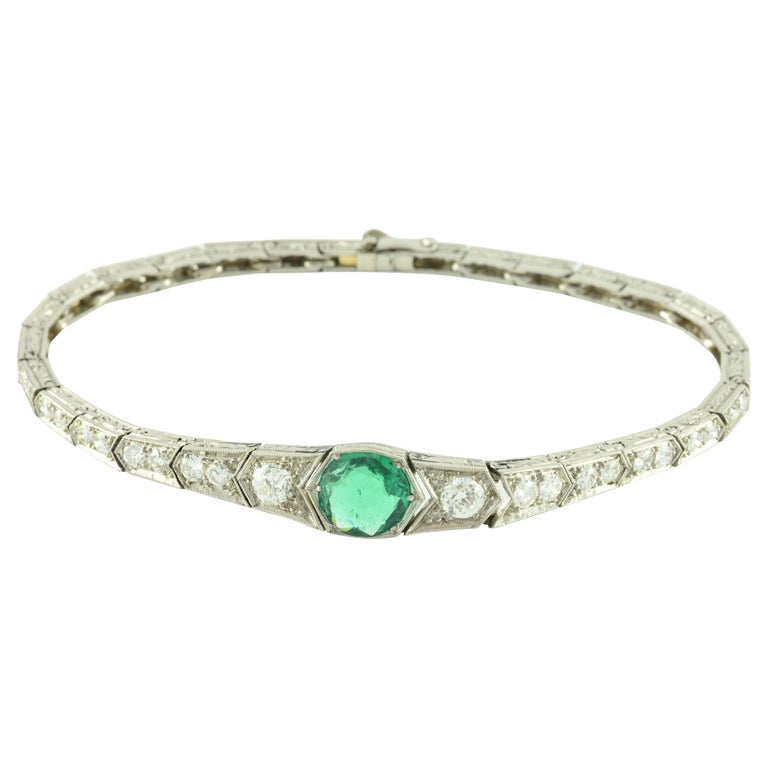 GIA Certified Art Deco Colombian Green Emerald and Diamond Bracelet