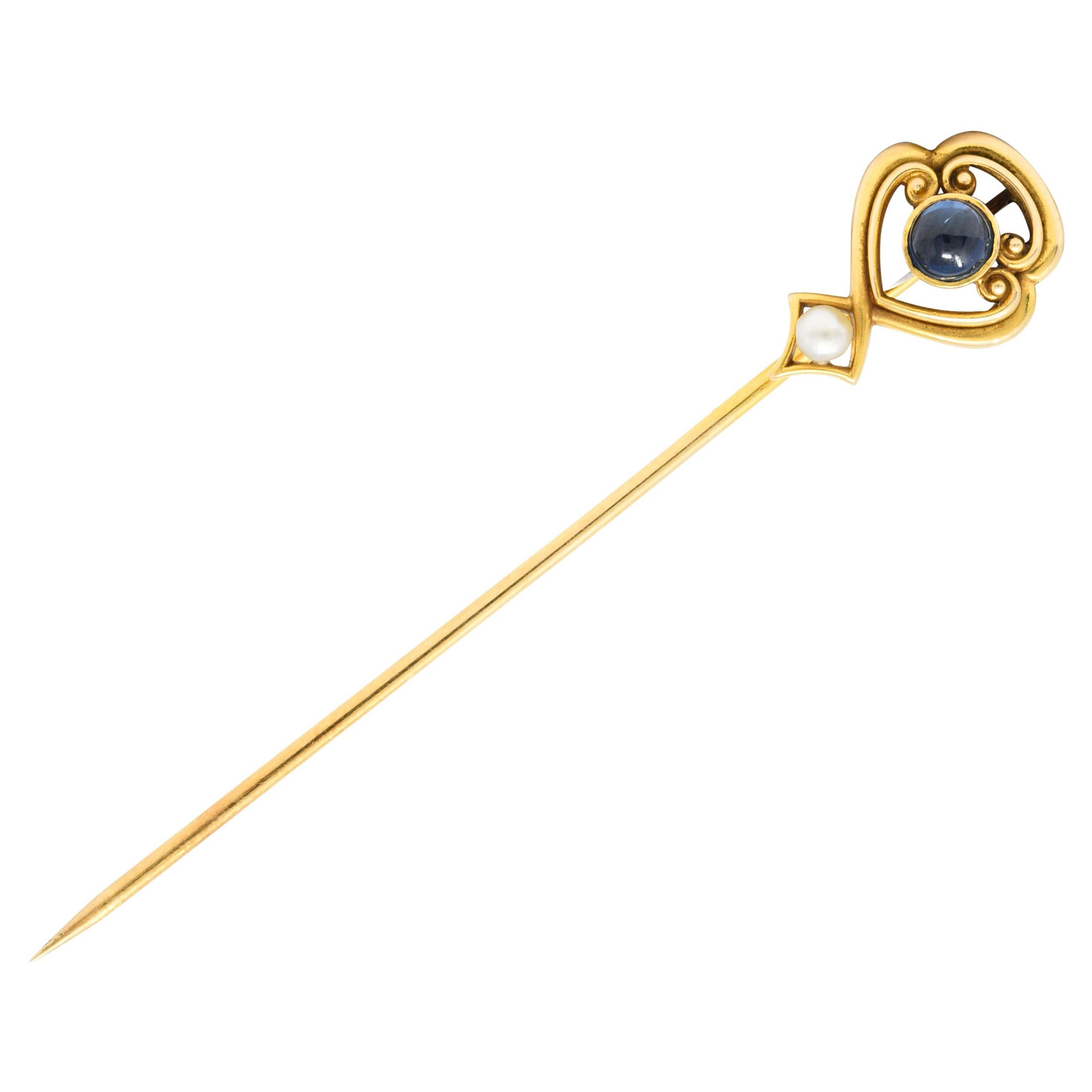 Whiteside & Blank Pearl 0.50 Carat Sapphire 14 Karat Gold Stickpin