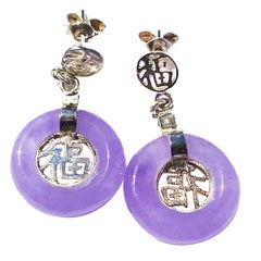 Purple Lavender Jade Chinese Earrings with Good Luck Symbol Inscription