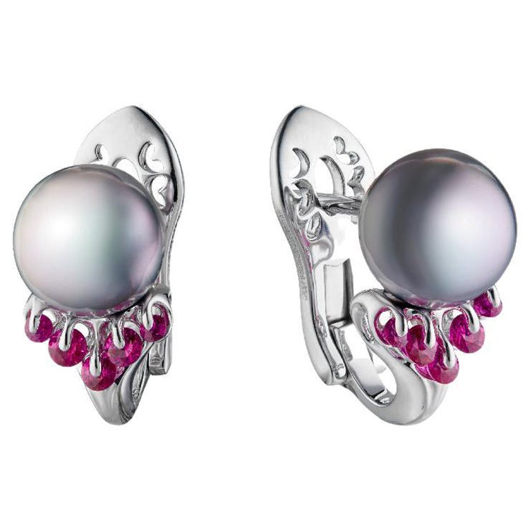 MOISEIKIN 18 Karat White Gold Tahiti Pearl and Ruby Earrings