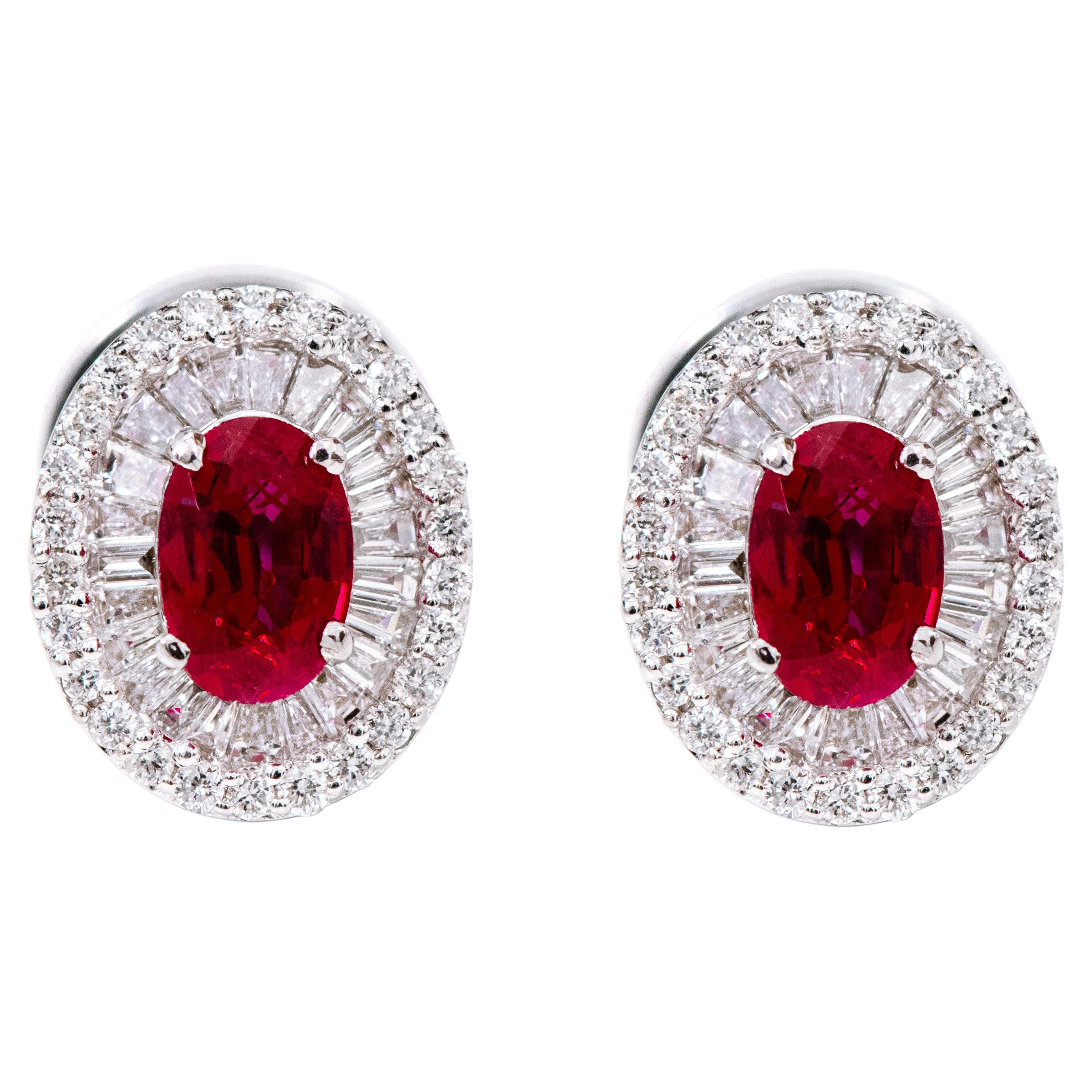 18 Karat White Gold 1.98 Carat Ruby and Diamond Cluster Stud Earrings