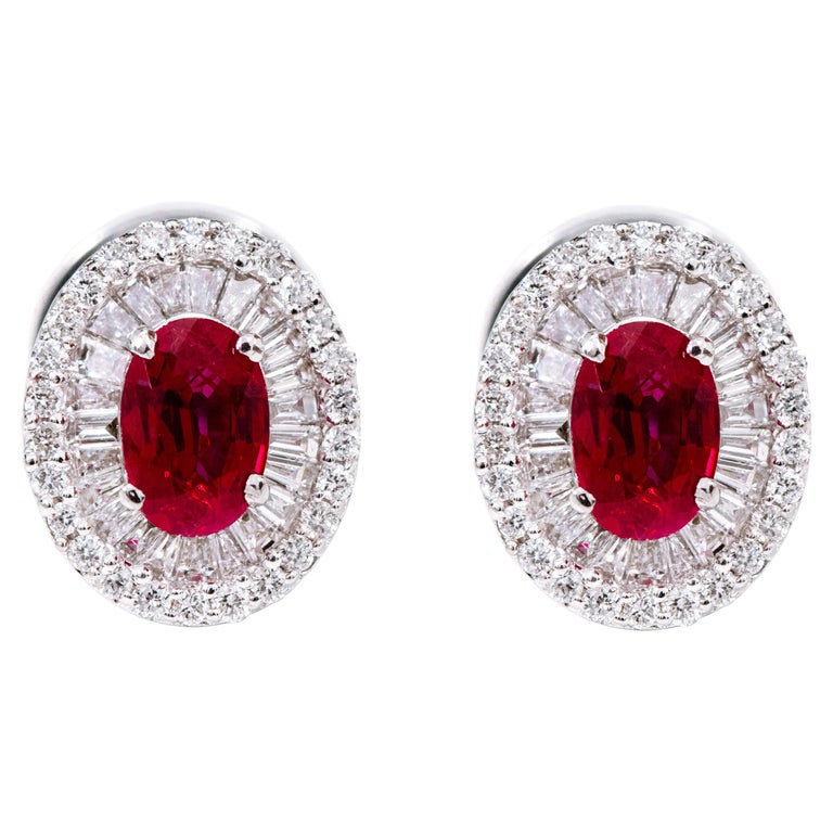 18 Karat White Gold 1.98 Carat Ruby and Diamond Cluster Stud Earrings ...