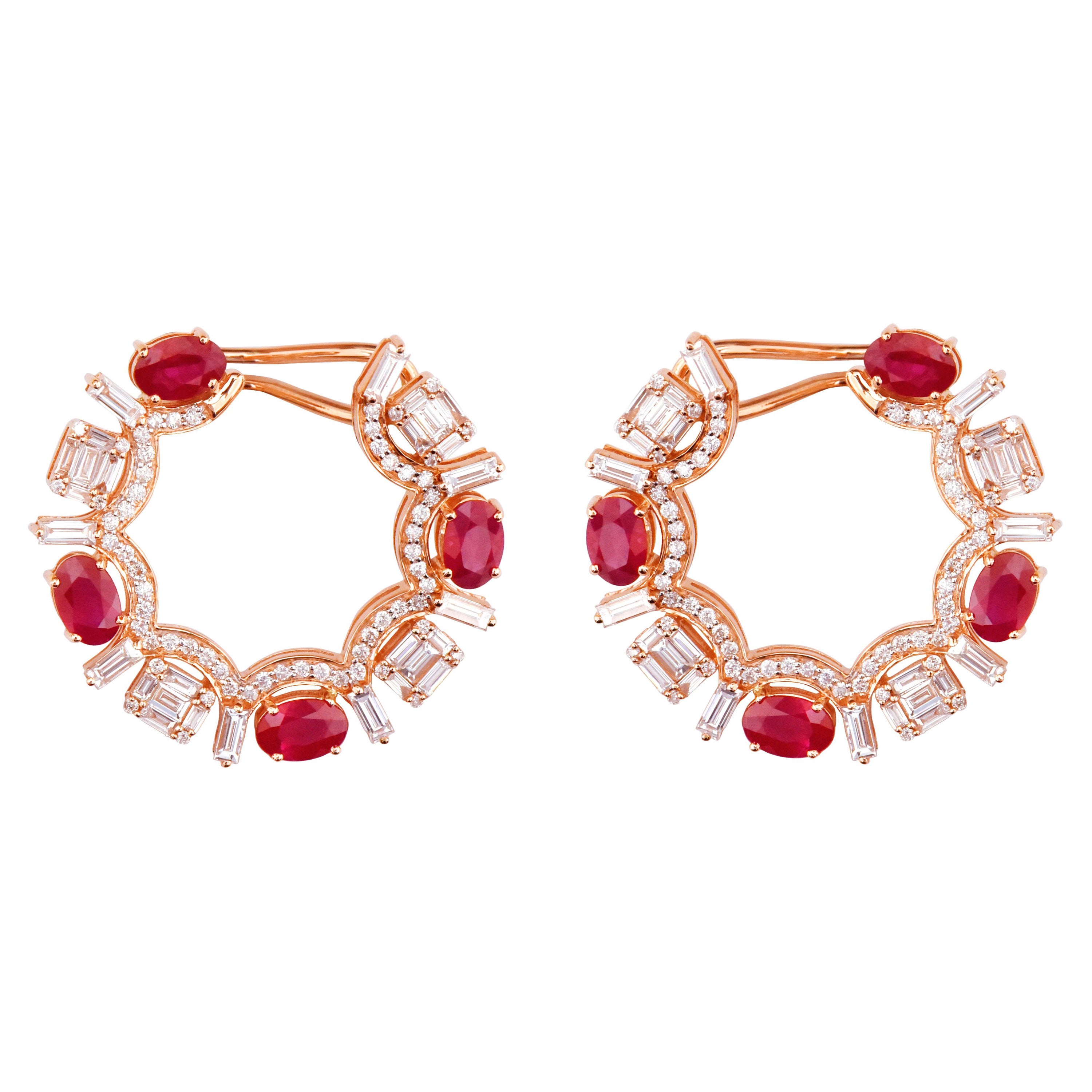 18 Karat Rose Gold 6.38 Carat Ruby and Diamond Modified Hoop Earrings For Sale