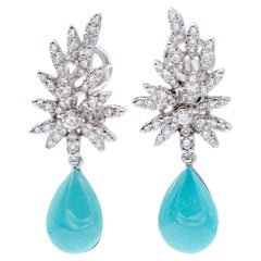 Turquoise, Diamonds, 18 Karat White Gold Dangle Earrings