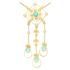 Antique 1.15 Carat Aquamarine and Seed Pearl Yellow Gold Pendant