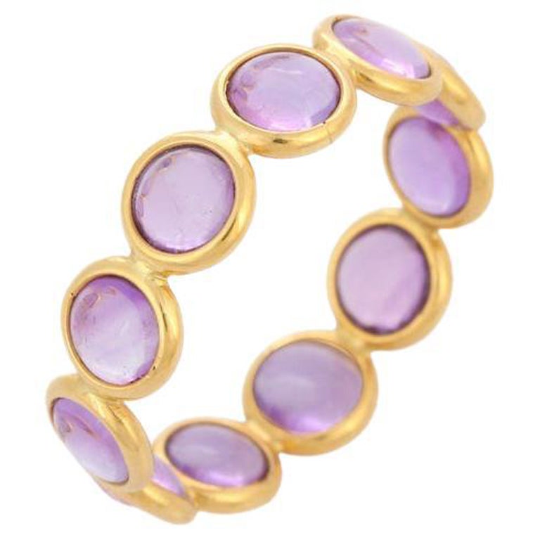 18k Solid Yellow Gold Round Amethyst Eternity Band Ring