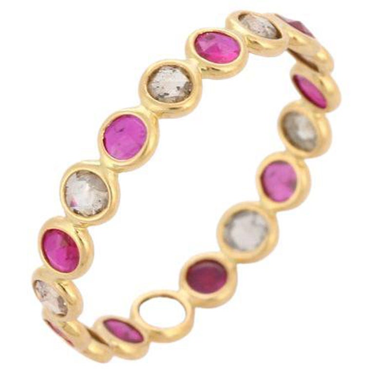 18 Karat Solid Yellow Gold Alternate Ruby and Diamond Eternity Band Ring  For Sale