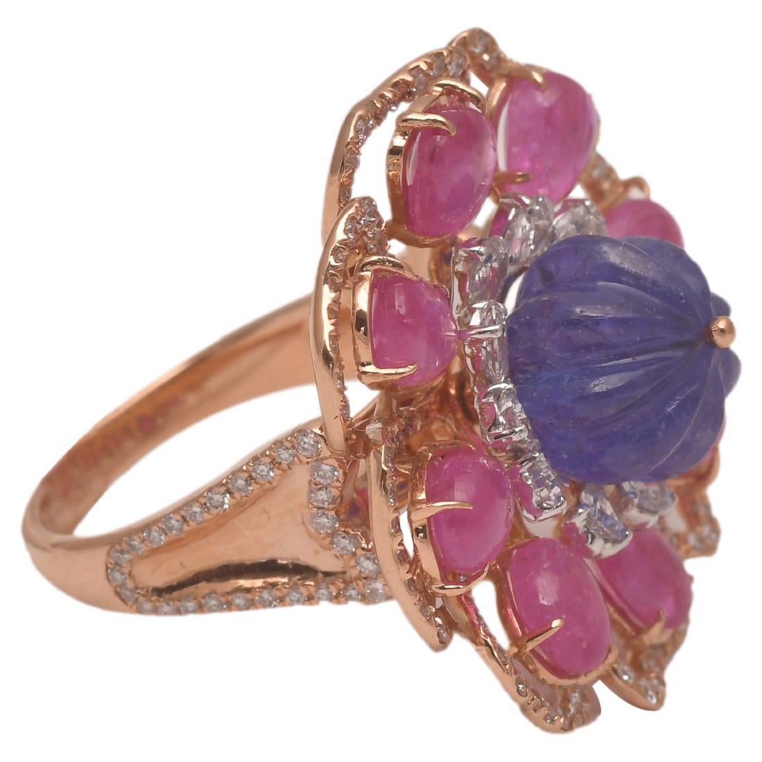 18k gold 1.57cts  Diamond & 6.36cts Tanzanite & 6.18cts Ruby Ring