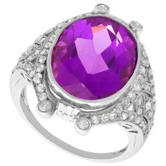 Antique 9.20 Carat Amethyst and 1.05 Carat Diamond Platinum Cocktail Ring