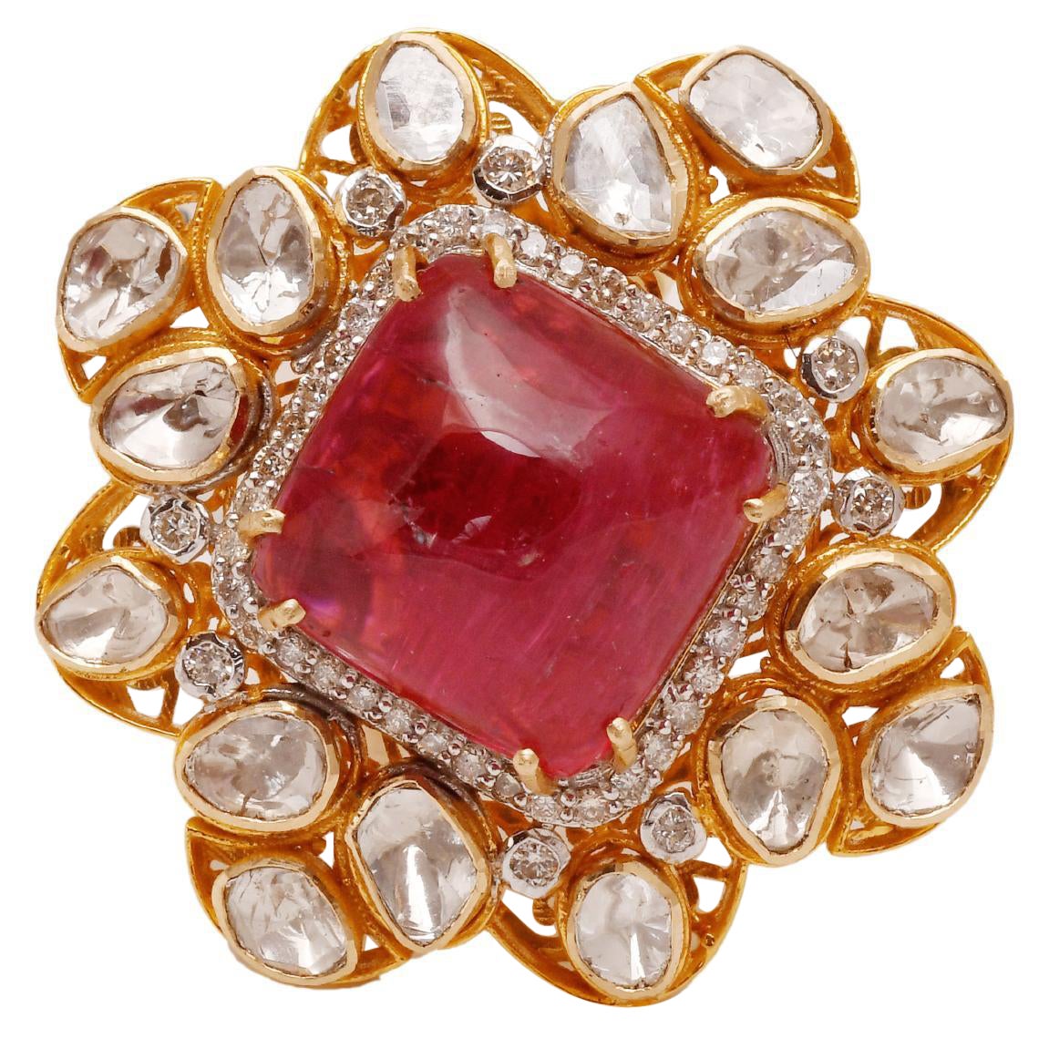 14 Karat Gold 1,40 Karat Polki & 0,63 Karat Diamant & 22,39 Karat Rubinlight Ring