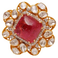 Anello in oro 14k con 1,40 carati di Polki e 0,63 carati di diamanti e 22,39 carati di Rubylight