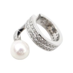 BOON Simple Slip-On Diamond and Pearl Open Hoop Conch Ear Cuff in 18K White Gold