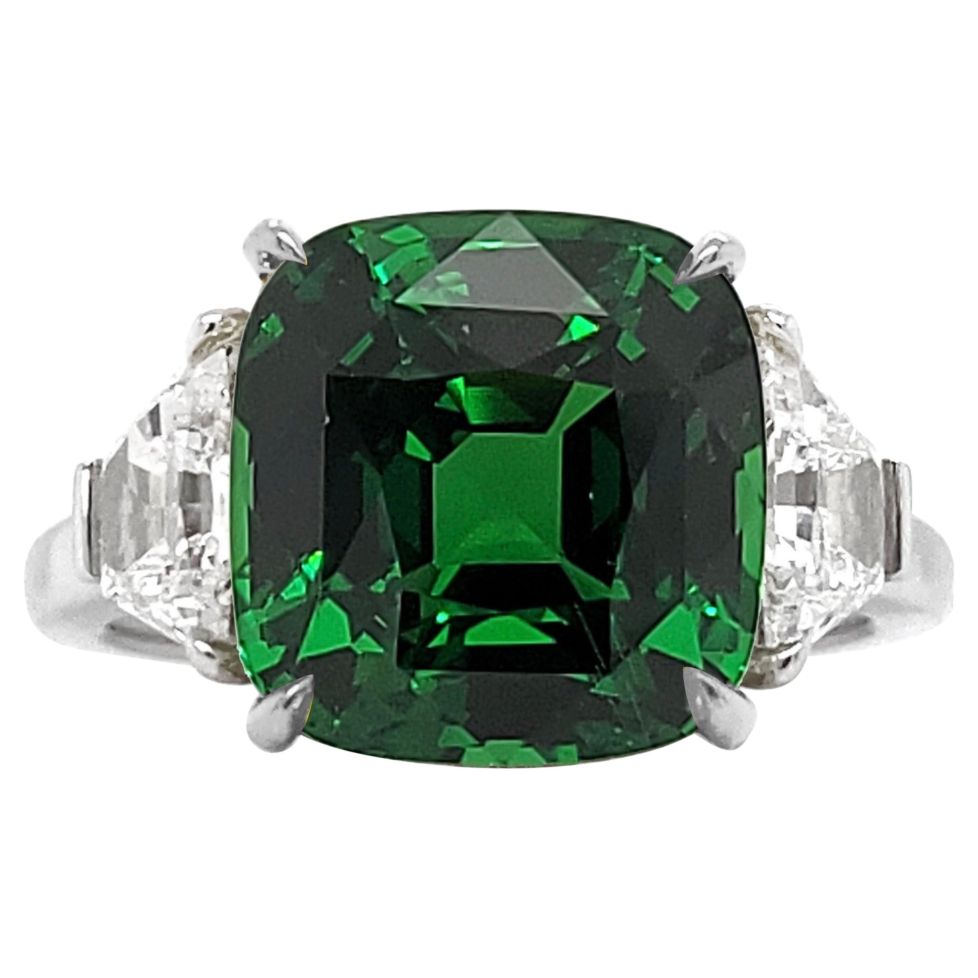 Emilio Jewelry Certified 5.75 Carat Vivid Green No Heat Tsavorite Ring For Sale