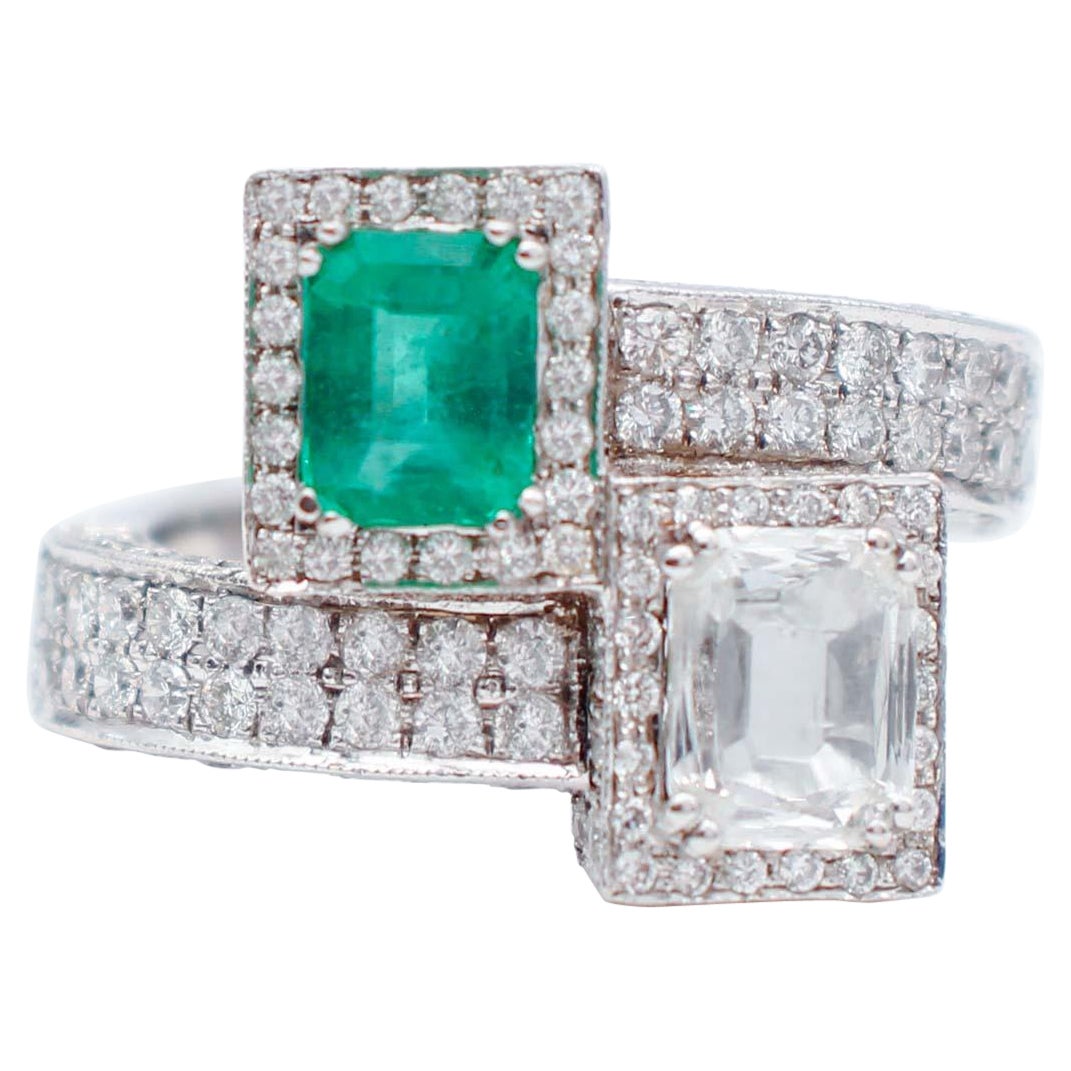 Emerald, Diamonds, 14 Karat White Gold Contrarié Ring For Sale