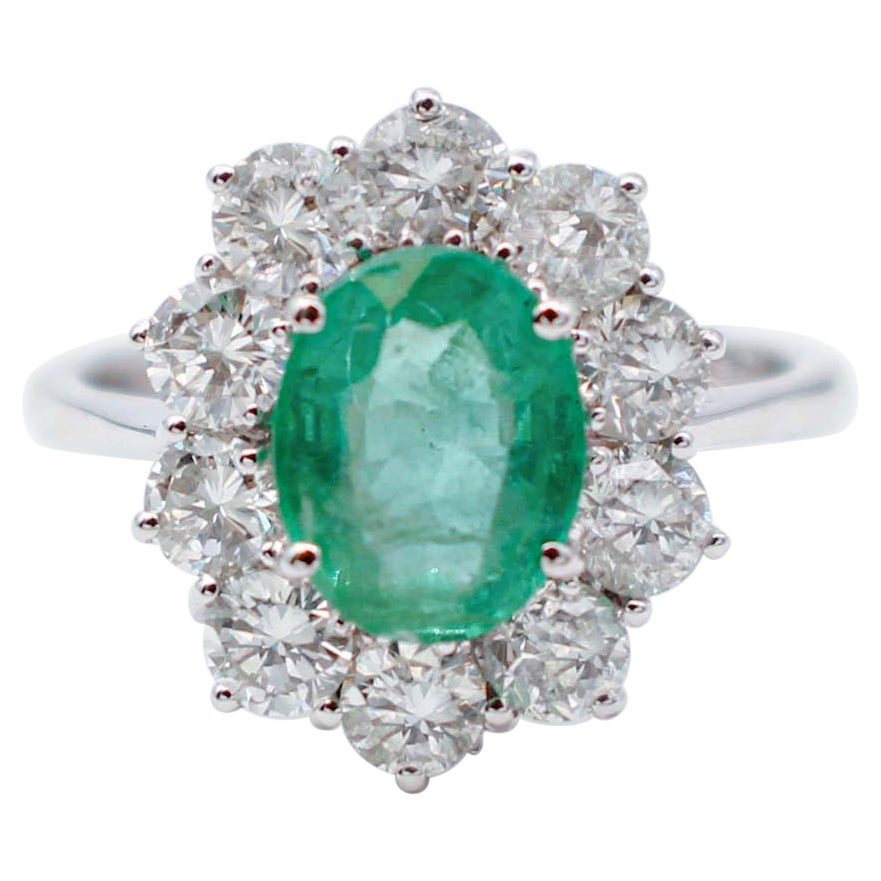 Emerald, Diamonds , 18 Karat White Gold Modern Ring