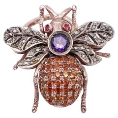 Diamonds, Amethyst, Rubies, Colored Stones, 9Kt Rose Gold and Silver Fly Shape Ring