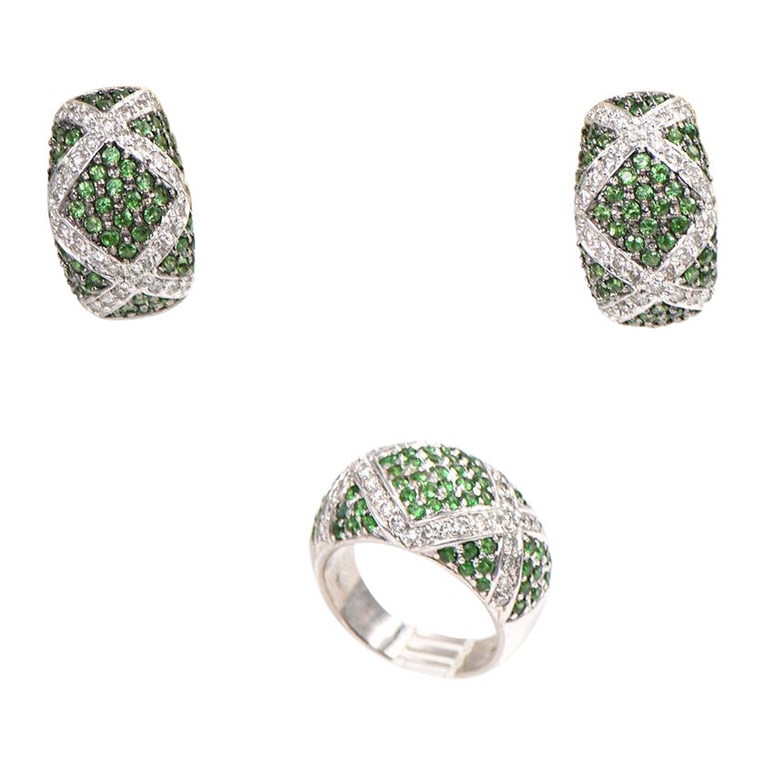 Tsavorite Garnet Diamond Dome Ring and Earrings White Gold Set For Sale
