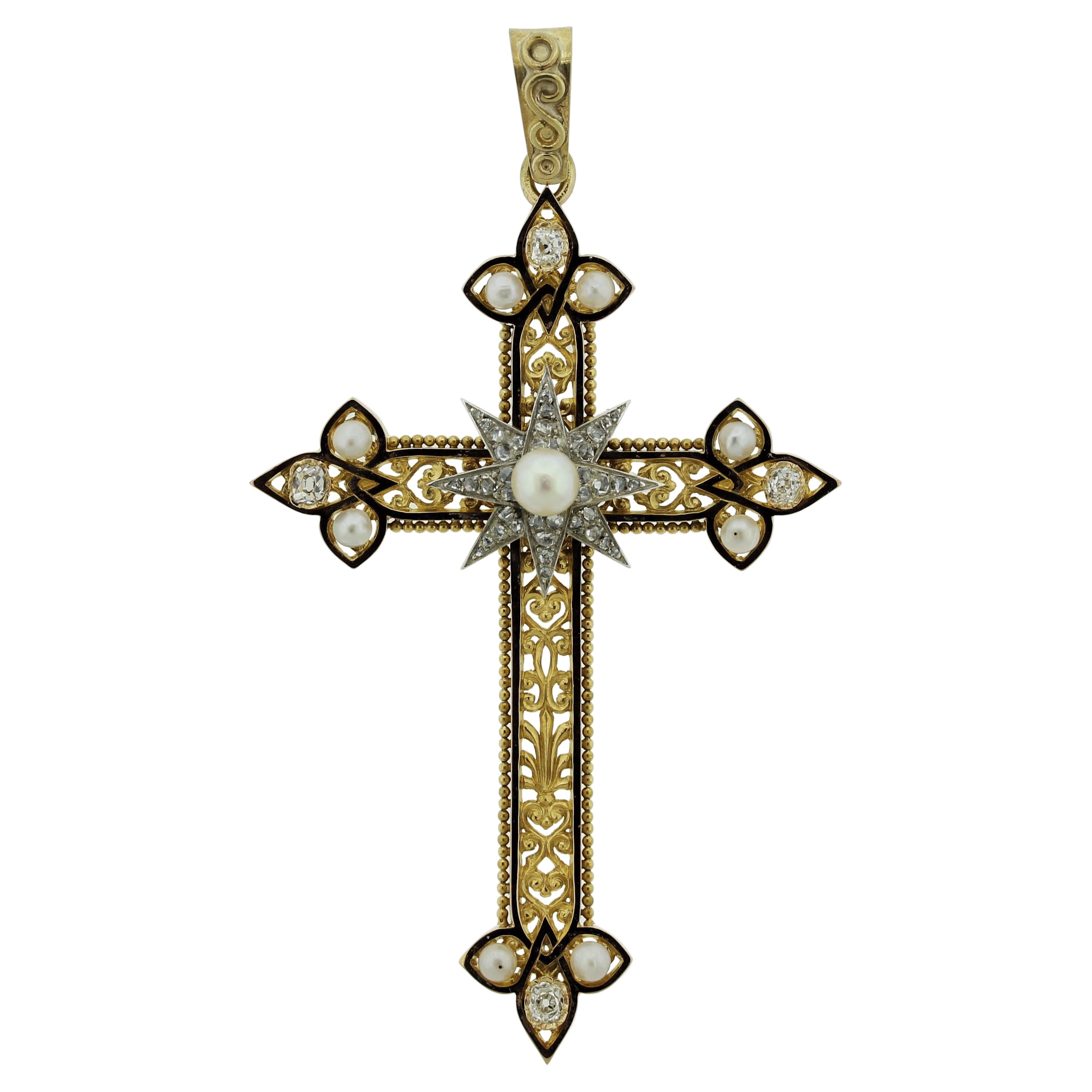 Superbe pendentif croix victorien ancien en or avec diamants et perles