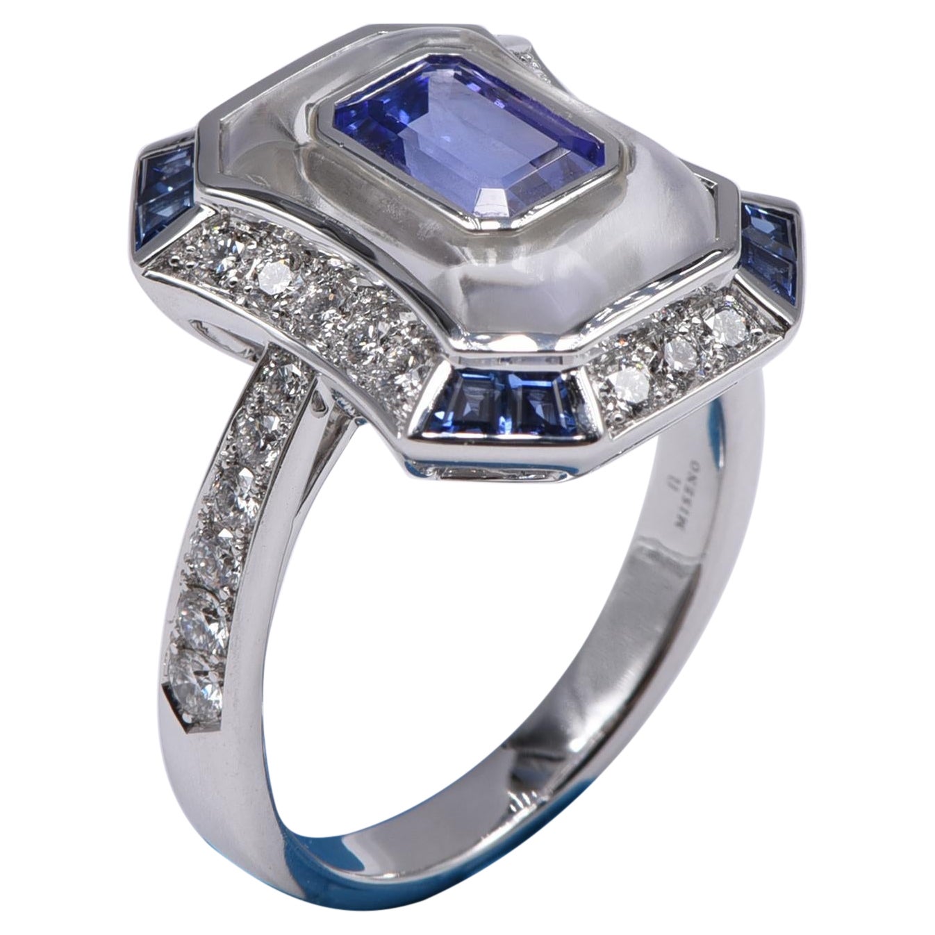 18k White Gold Ring w/ White Diamonds, Blue Sapphires, Tanzanite & White Quartz