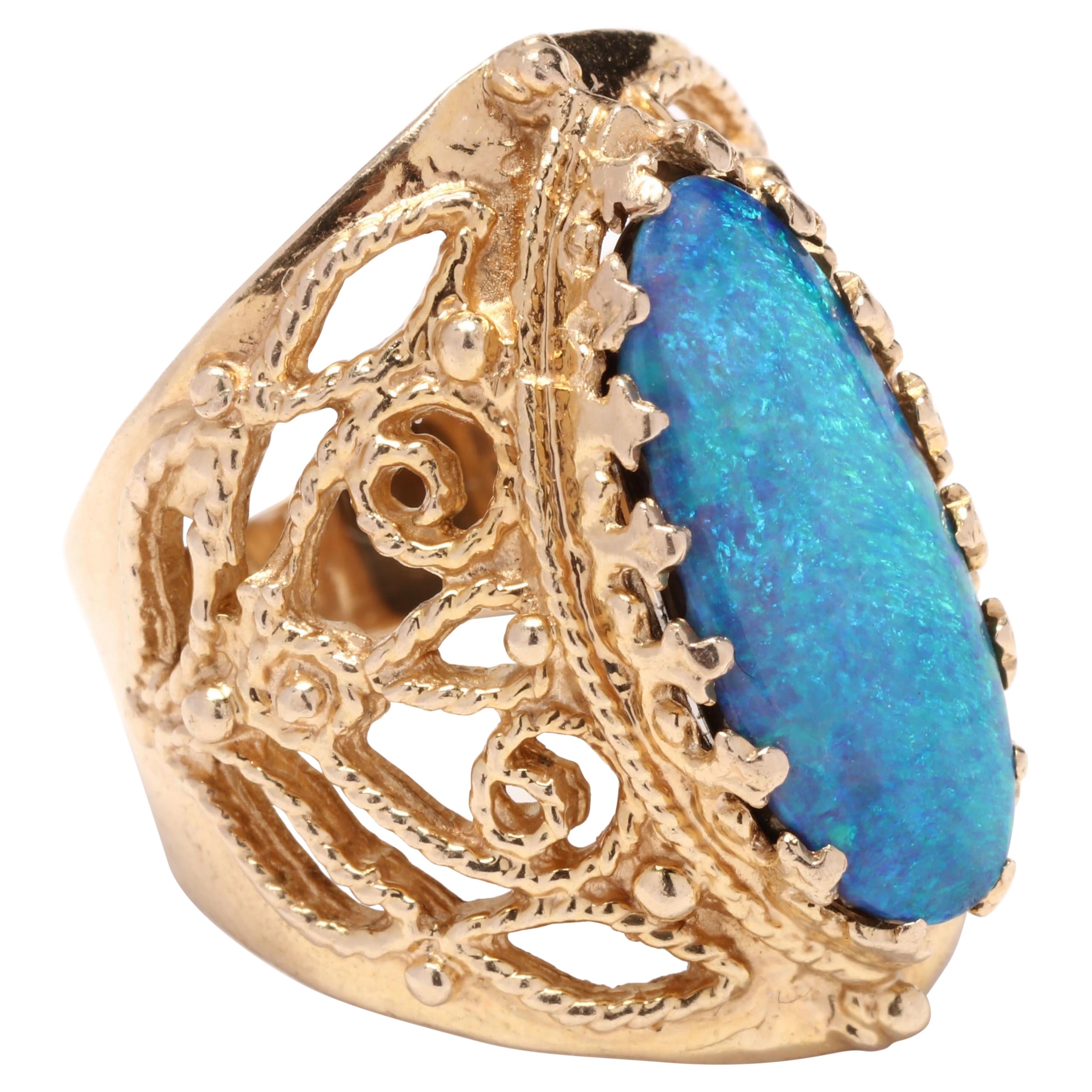 Vintage 14K Yellow Gold Oval Opal Filigree Navette Statement Ring For Sale