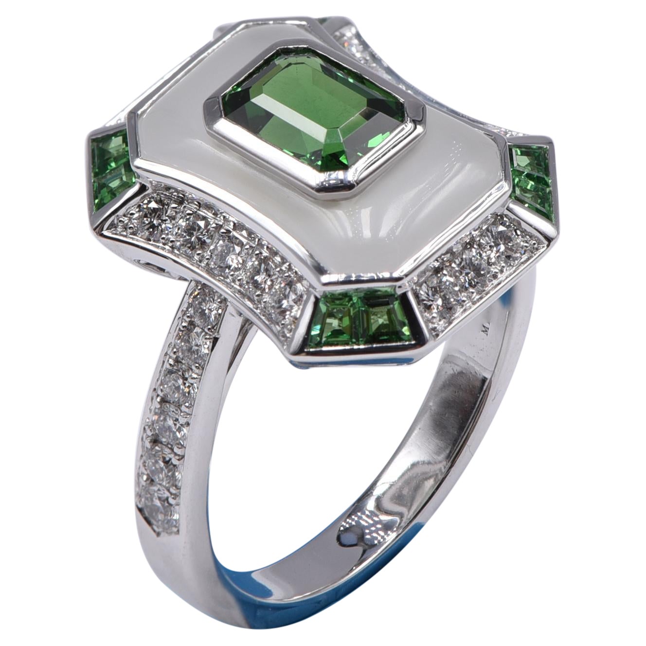 18k White Gold Ring w/ White Diamonds, Tsavorite & Milky Quartz For Sale