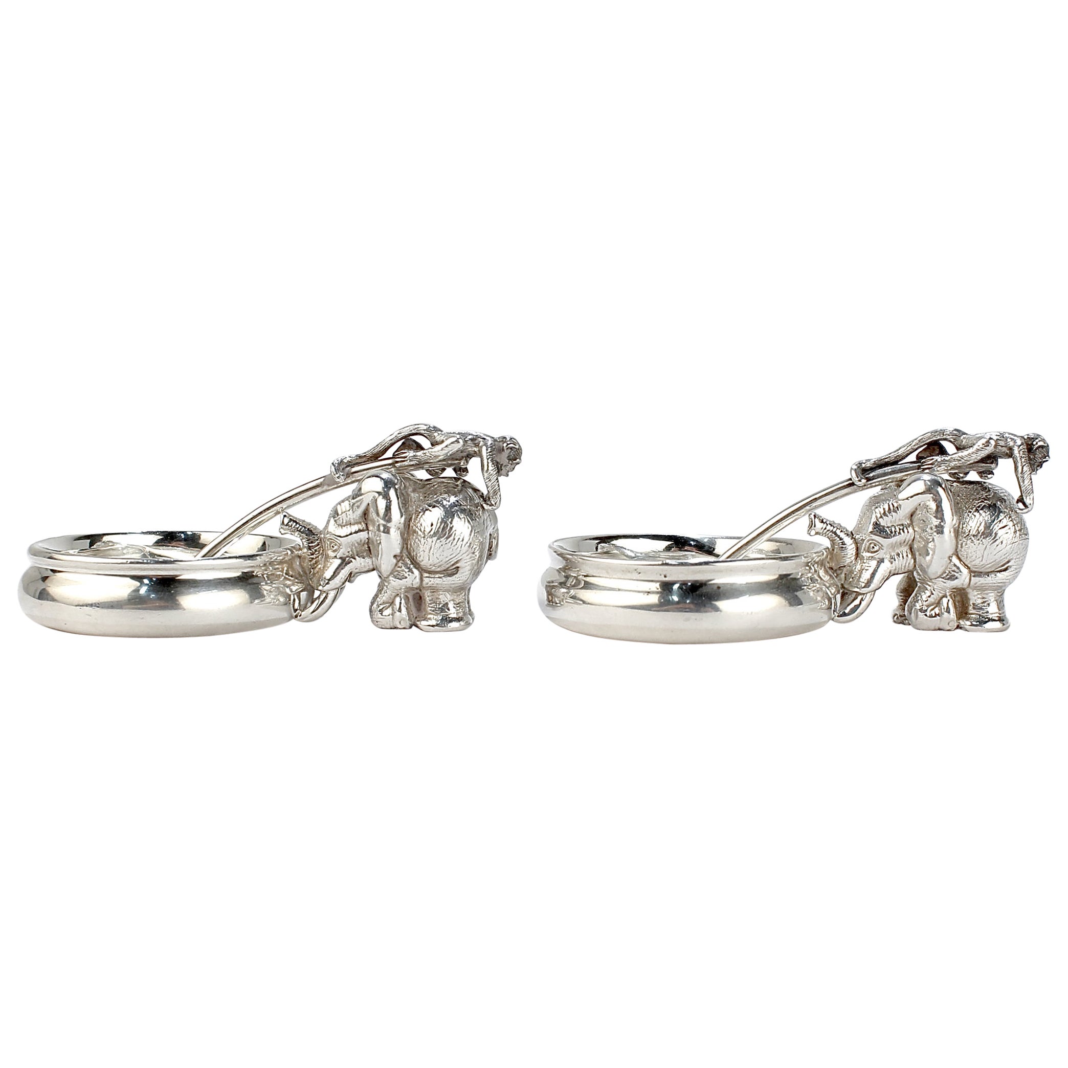 Pair of Patrick Mavros Elephant & Monkey Sterling Silver Mustard Pots & Spoons For Sale