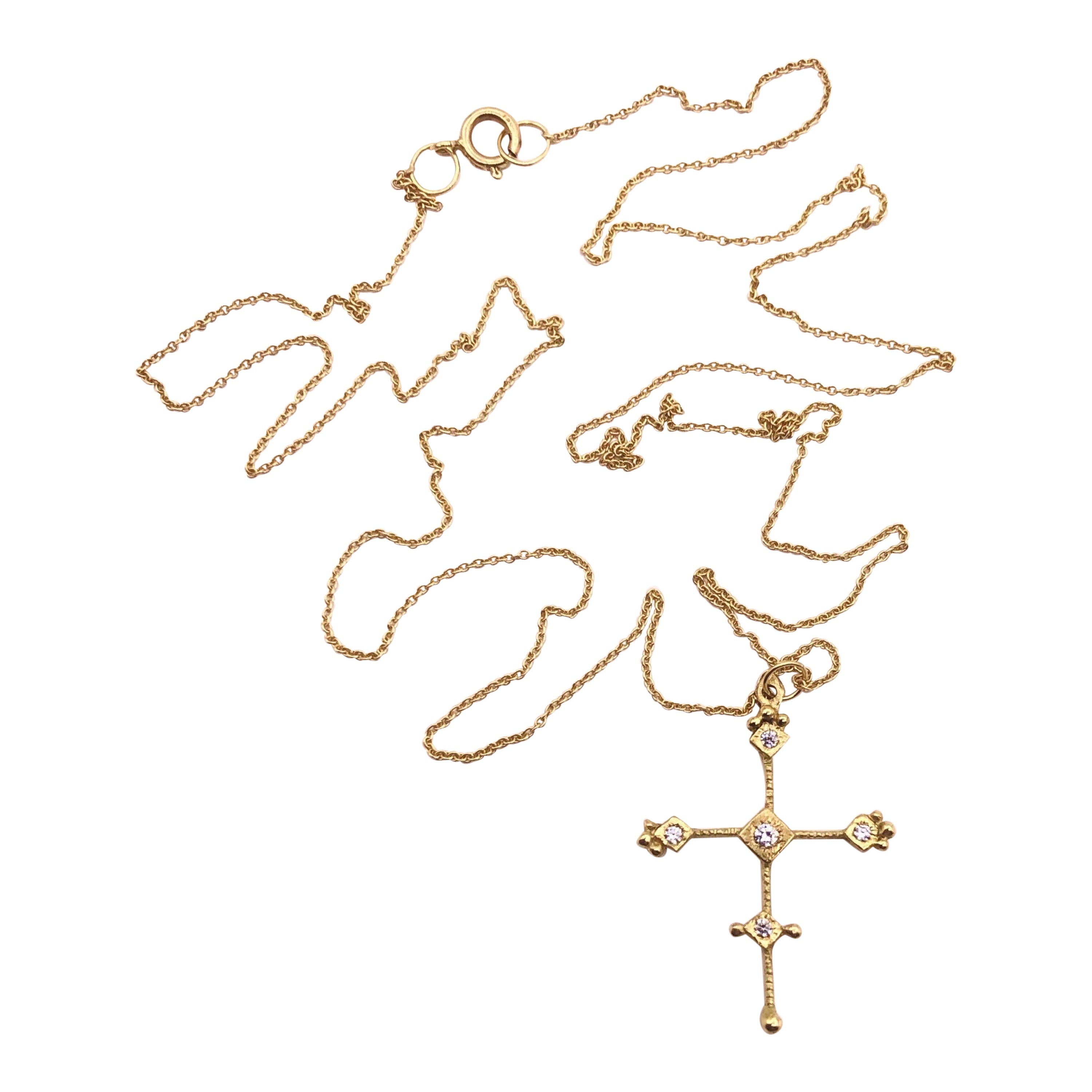 RIMA JEWELS’ Byzantine Ojo De Dios 18k Gold Cross Necklace Set with Diamonds