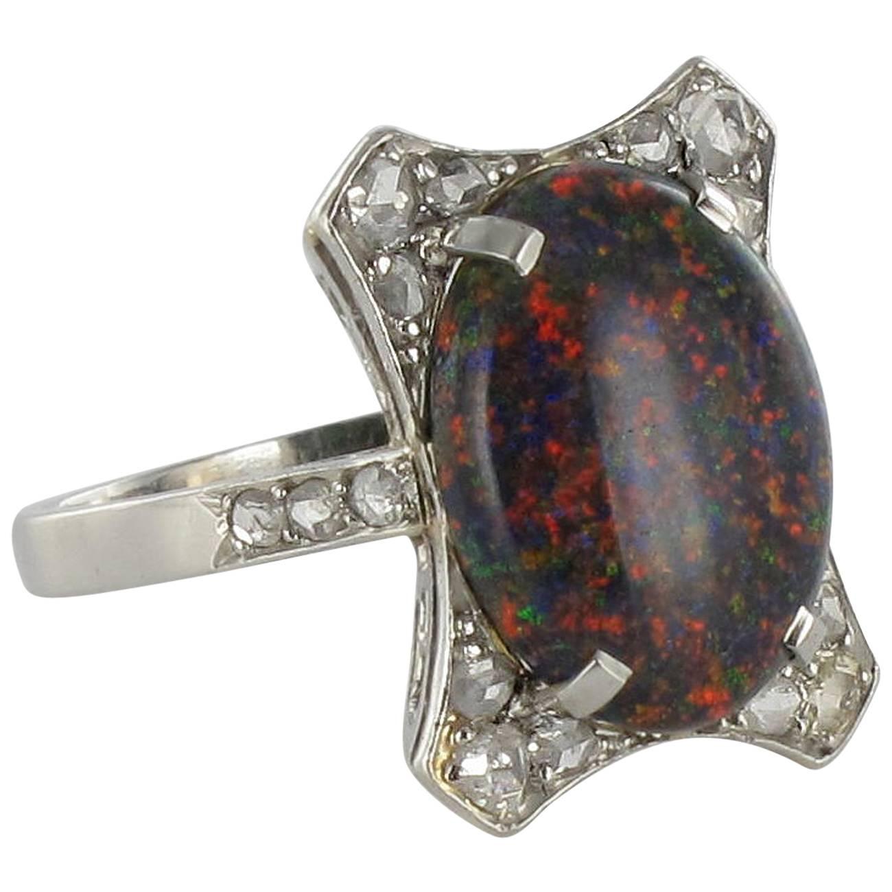 1930s Art Deco  2.60 Carat Black Opal Diamond Platinum Ring