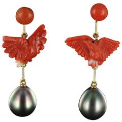 Vintage Unique Black Pearl Coral Gold Dove Dangle Earrings