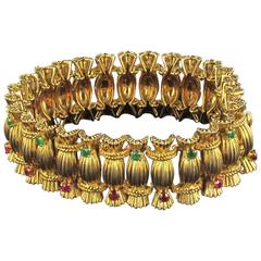 French 1950s Emerald Ruby 18 carat Gold Bracelet 12
