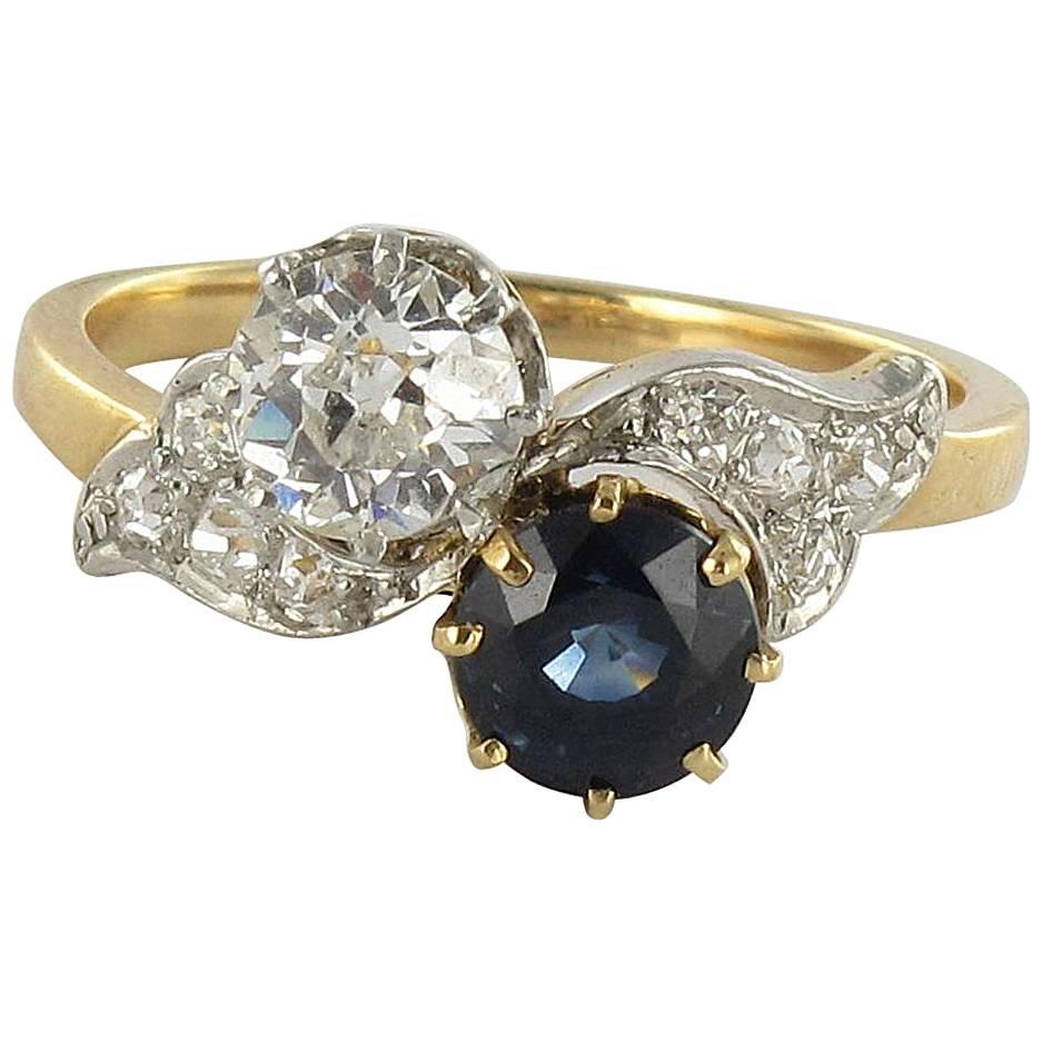 Antique French "Toi et Moi" Sapphire Diamond Gold Ring