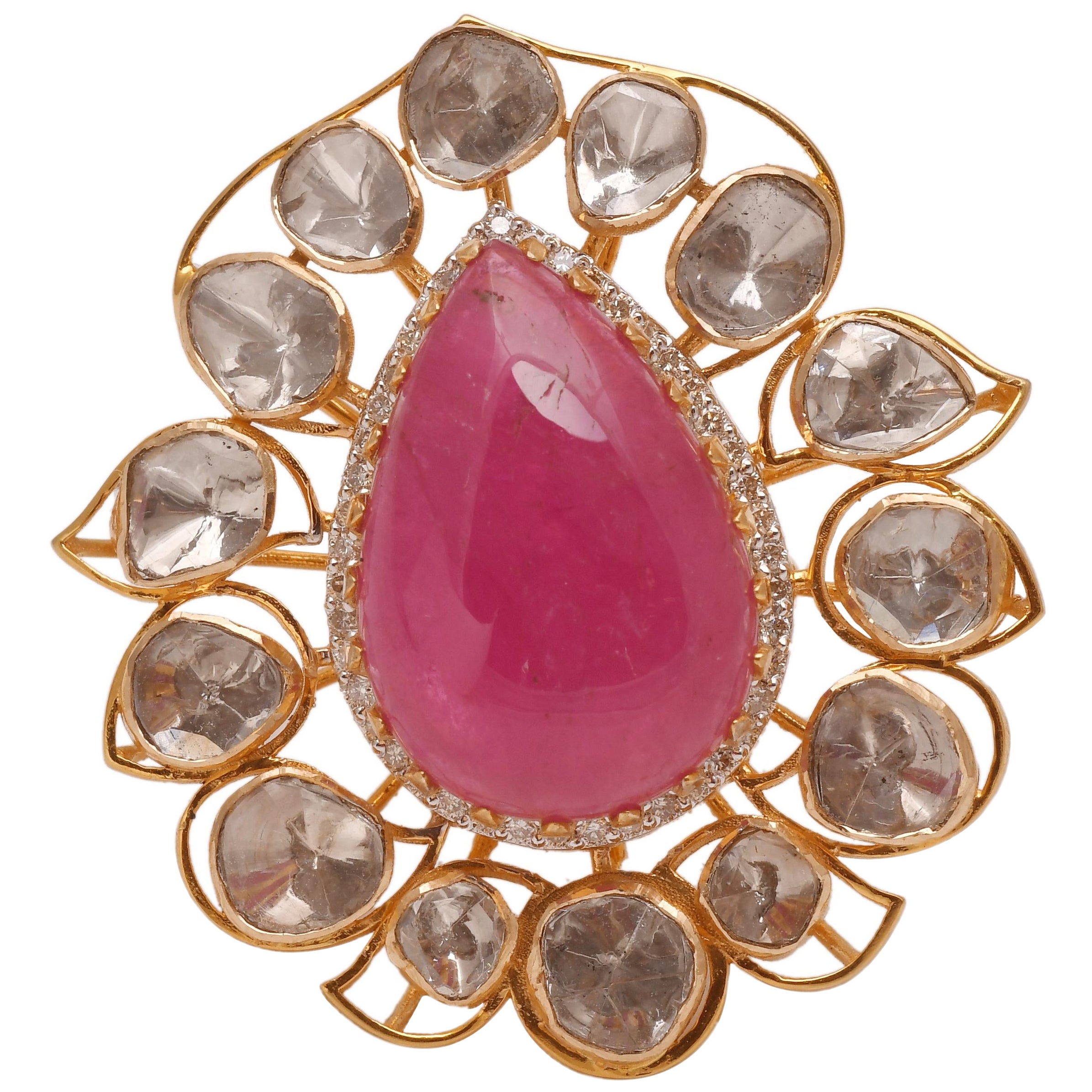 22k gold 1.27cts Polki Diamond and 0.50cts diamond and 14.50cts Ruby ...
