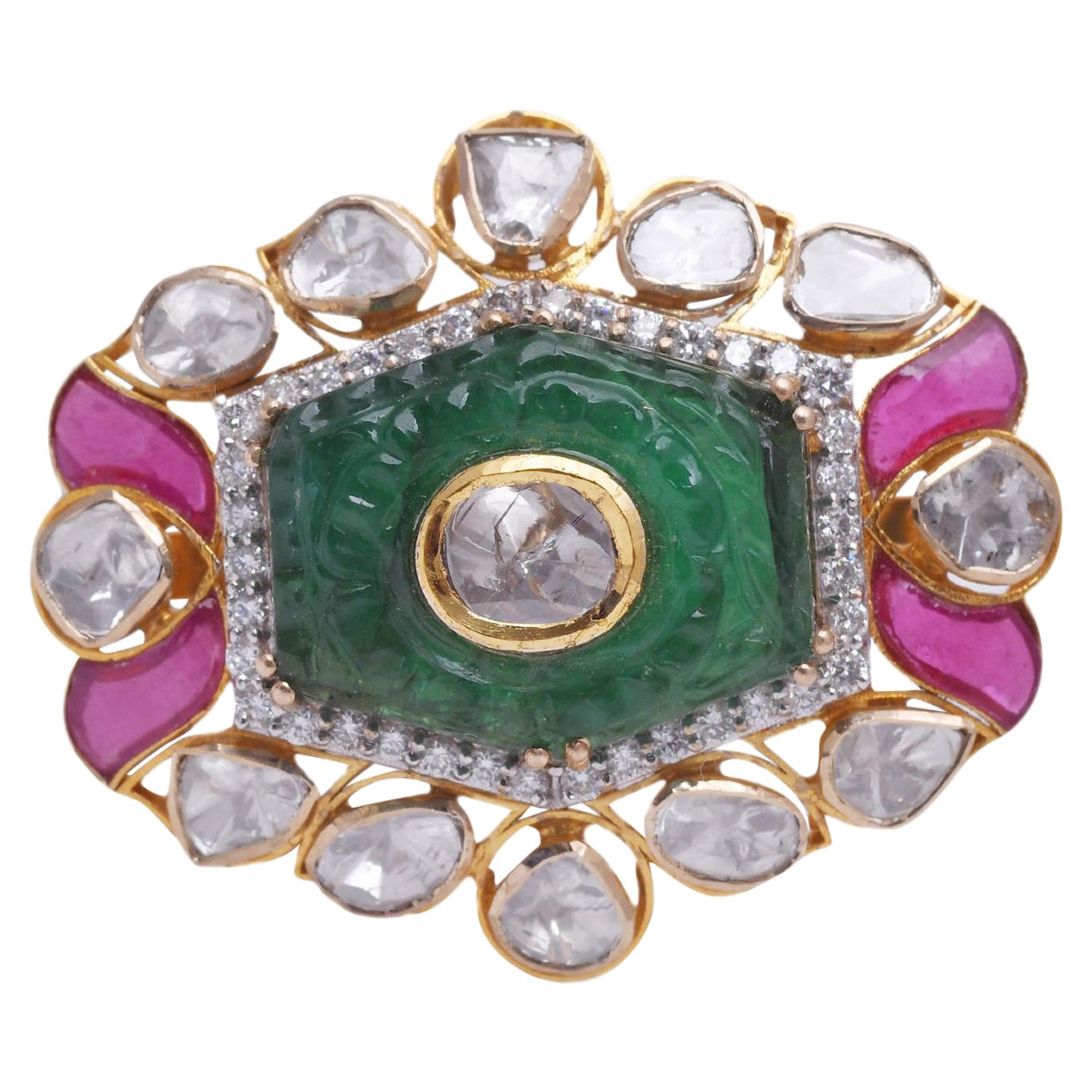 Oro 14k 0,63cts Polki Diamond & 13,16cts Emerald carving & 1,85cts semi Ring in vendita