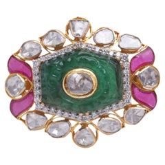 14k gold 0.63cts Polki Diamond & 13.16cts Emerald carving & 1.85cts semi Ring