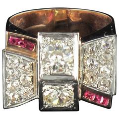 1940s French Ruby Diamond Gold Tank Ring 8