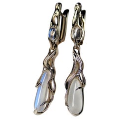 Long Moonstone Gold Earrings Natural Fine Cabochon Clear Gem Art Nouveau Style