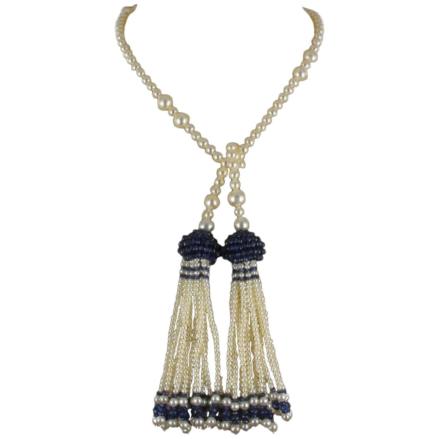 Pearl Sapphire Tassel Necklace For Sale at 1stdibs
