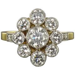 French 1.10 Carat Brillant Cut Diamond Gold Platinum Cluster Engagement Ring
