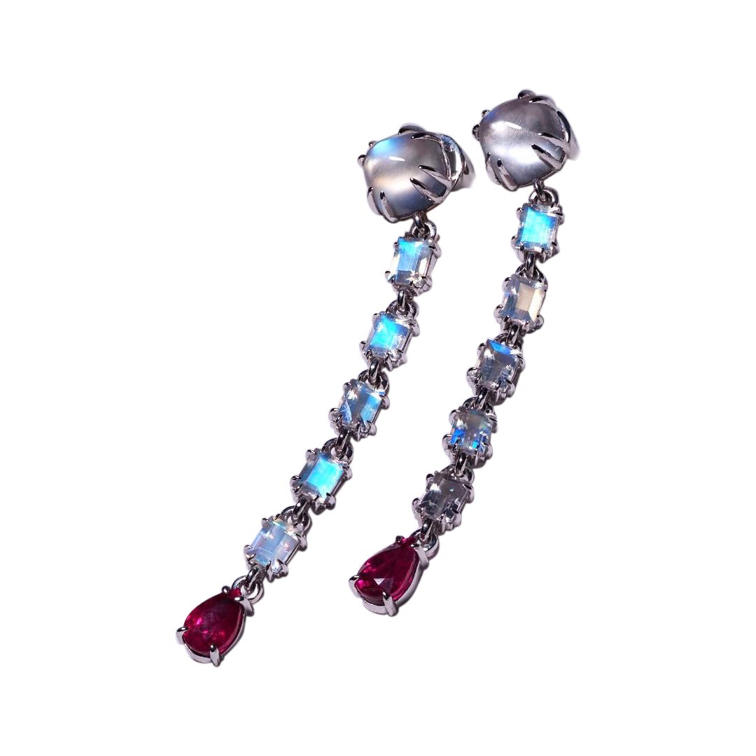 Long Moonstone Ruby White Gold Earrings Natural Gems Art Deco Style For Sale